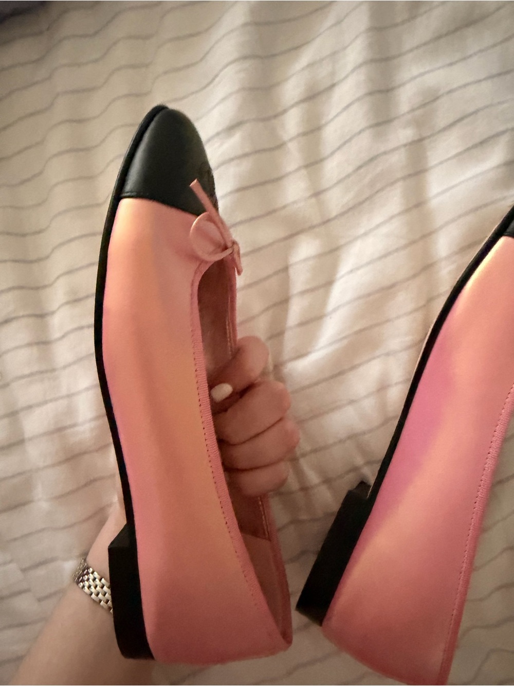 Chanel Pink and Black Two-Tone Ballet Flats with Bow - Picture 10 of 11